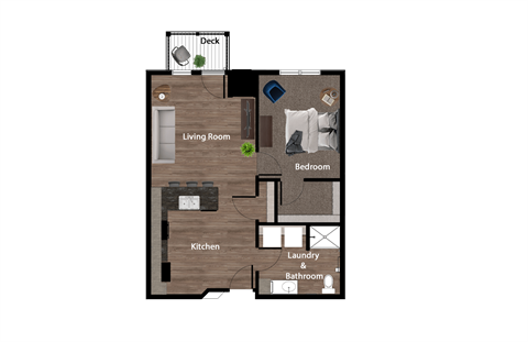 Floor plan for 1 bed, 1 bath, 719 sqft